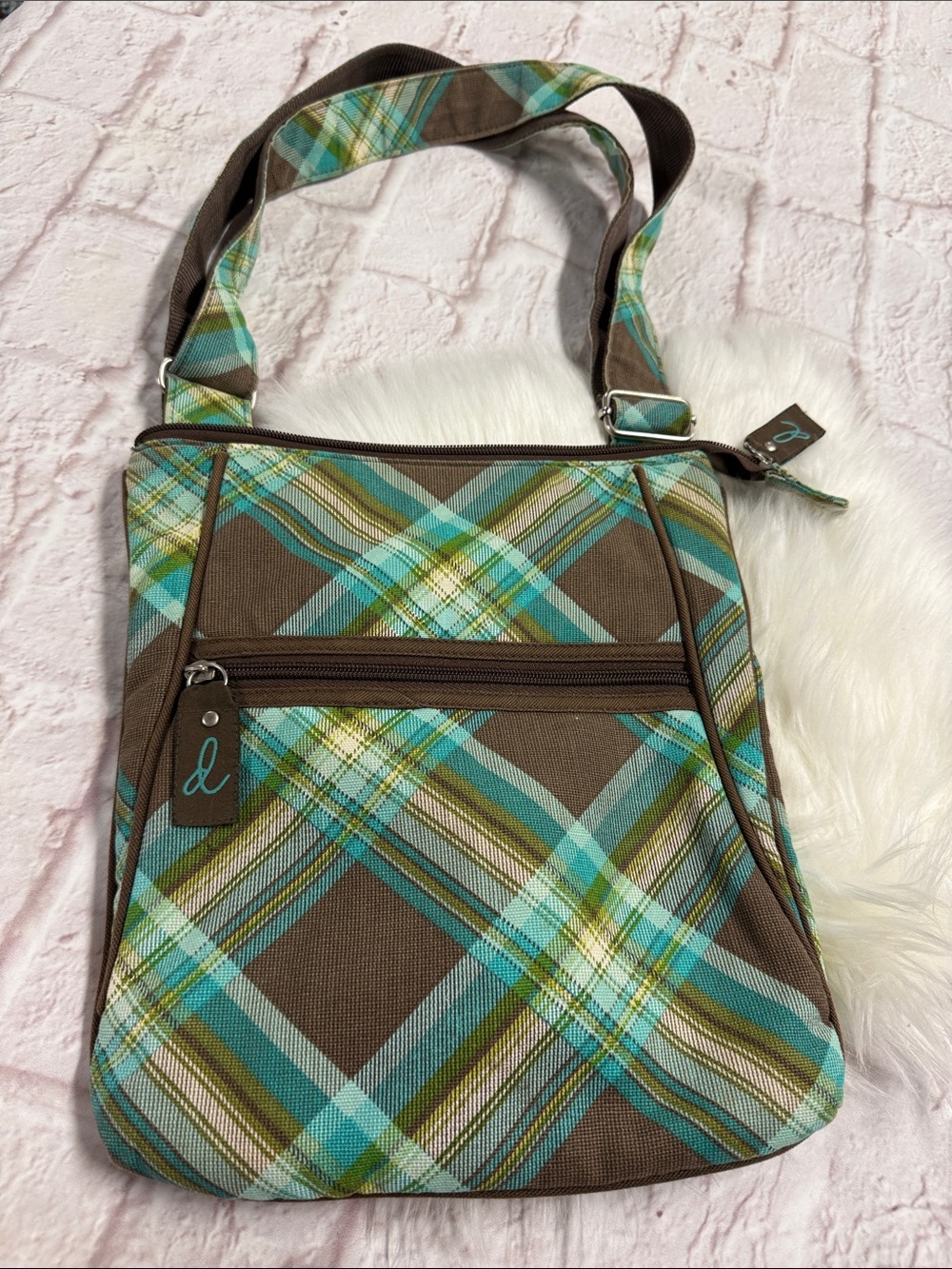 Thirty-one Brown Plaid Crossbody with Teal and Brown Accents